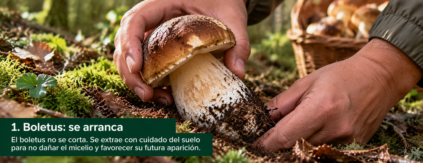 Manos extrayendo con cuidado un boletus del suelo del bosque, sin cortarlo, con una cesta de mimbre al fondo