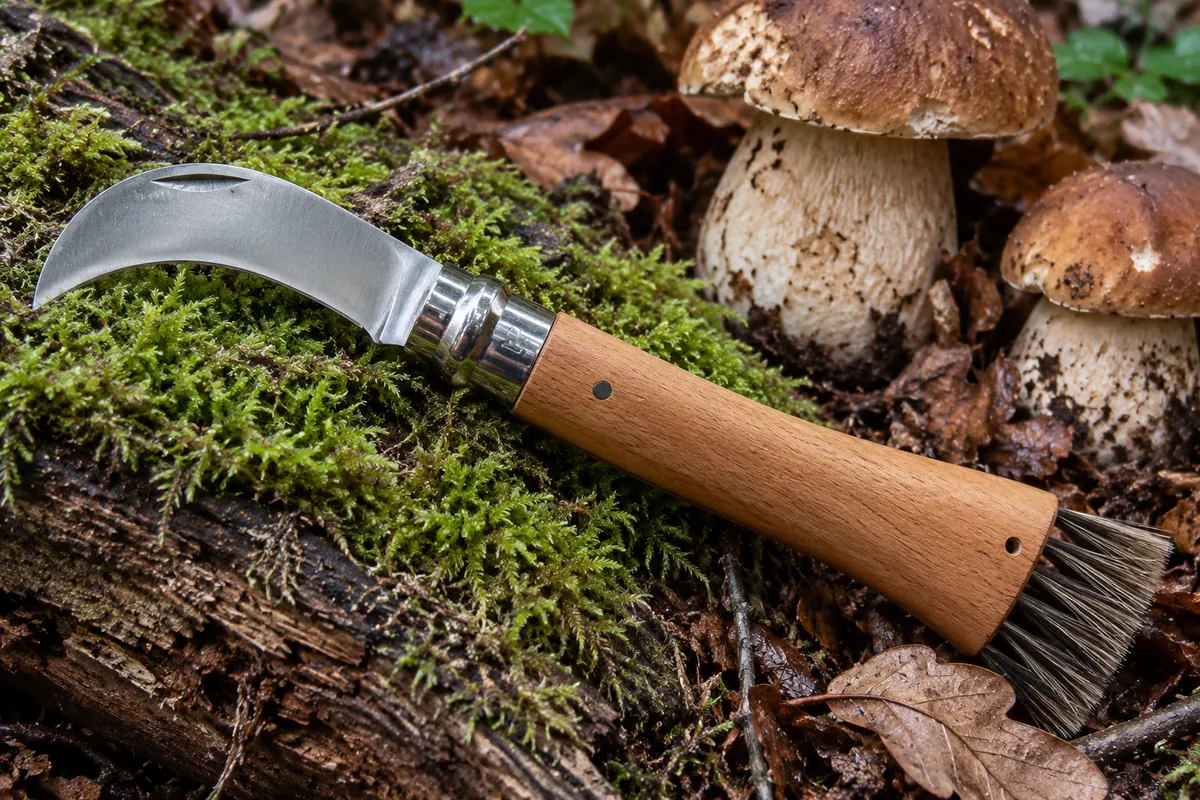 Navaja micológica con hoja curva, mango de madera y cepillo de cerdas en el extremo, junto a dos boletus en el bosque