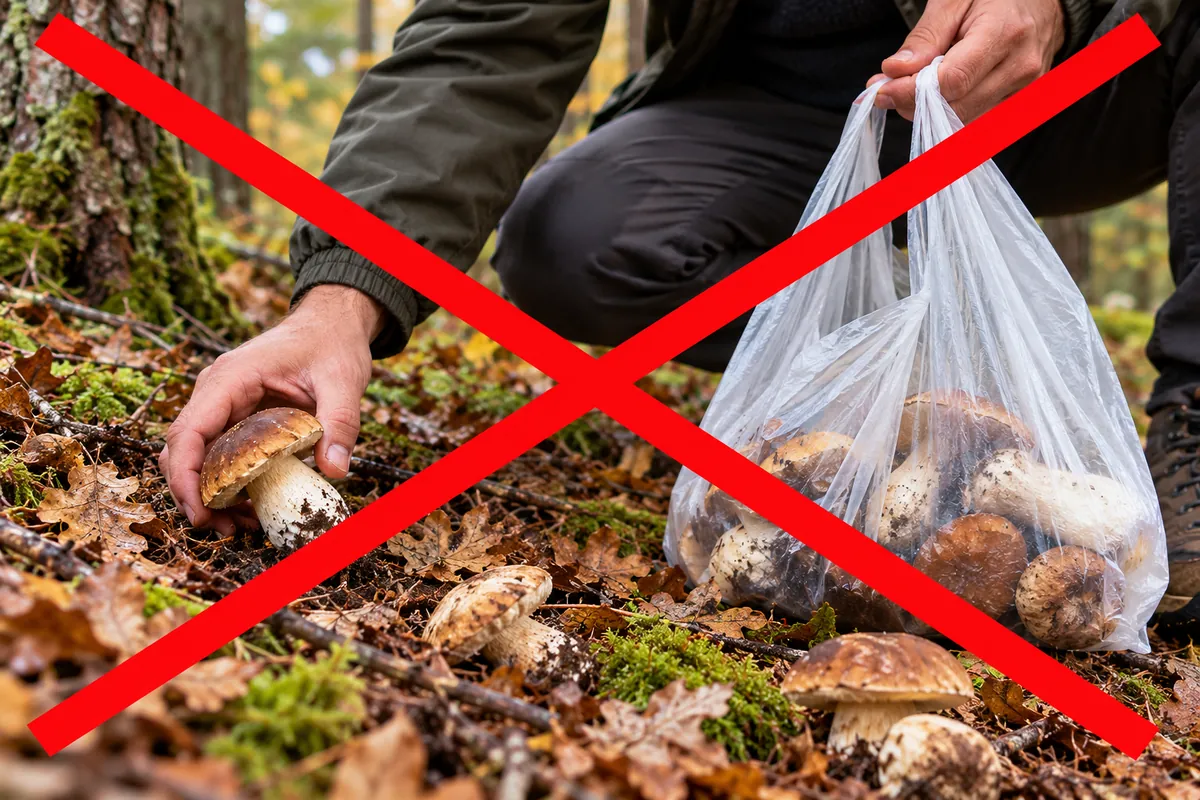 Recolector con una bolsa de plástico transparente llena de boletus, tachada con una gran aspa roja