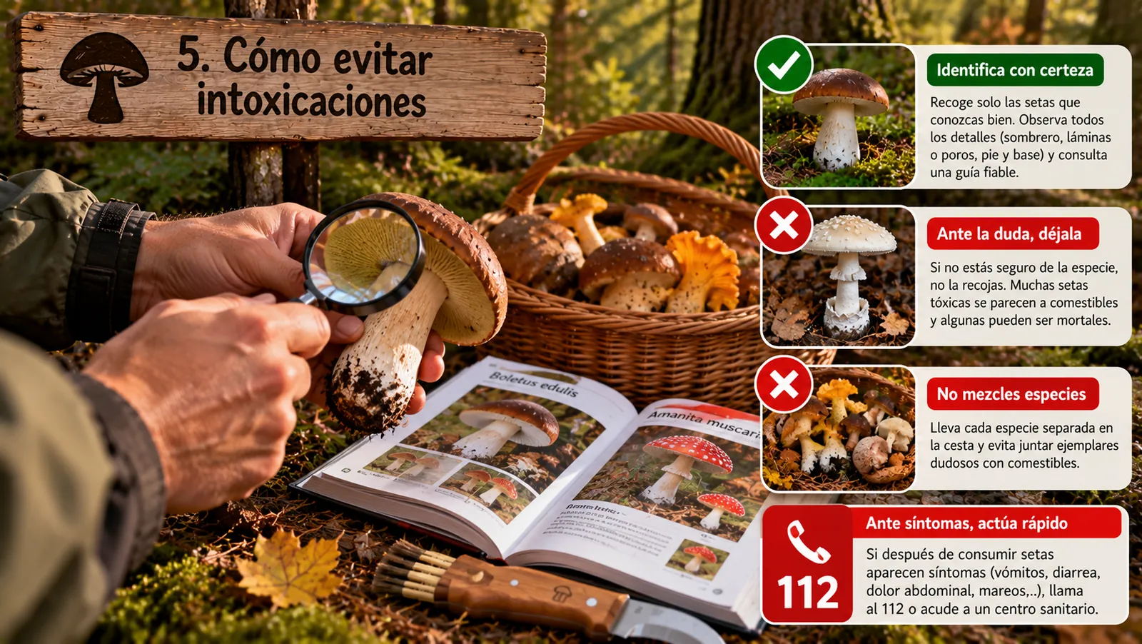 Lupa sobre un boletus junto a una guía de setas abierta, con consejos para evitar intoxicaciones y el teléfono 112