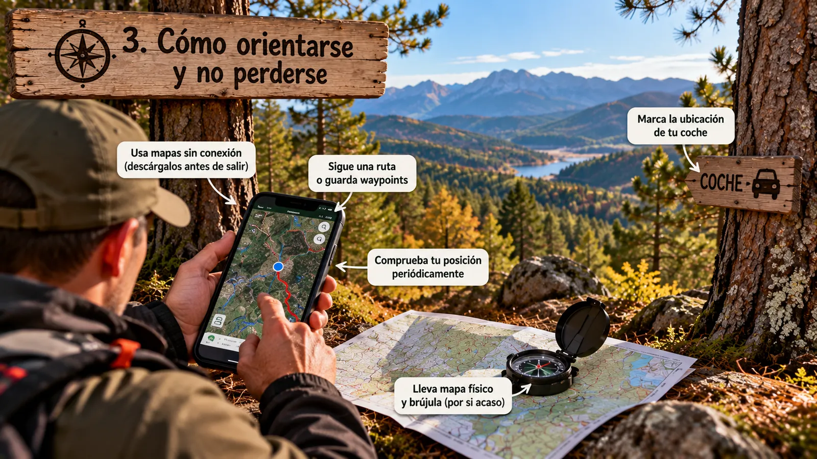 Recolector consultando un mapa sin conexión en el móvil, con mapa de papel y brújula, junto a un árbol con marca de sendero