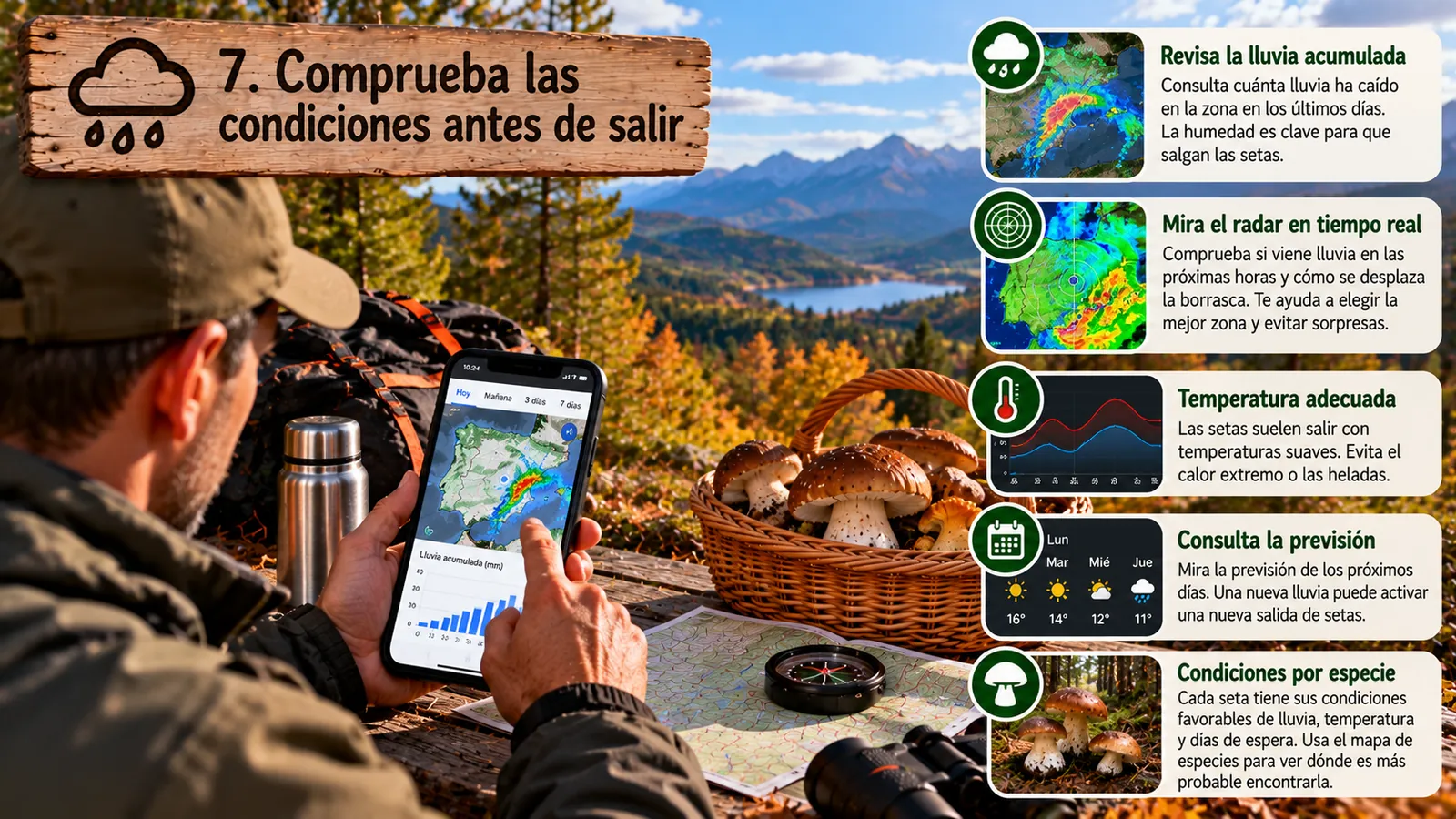 Móvil con el mapa de lluvia acumulada junto a una cesta de boletus y consejos sobre lluvia, radar, temperatura, previsión y condiciones por especie