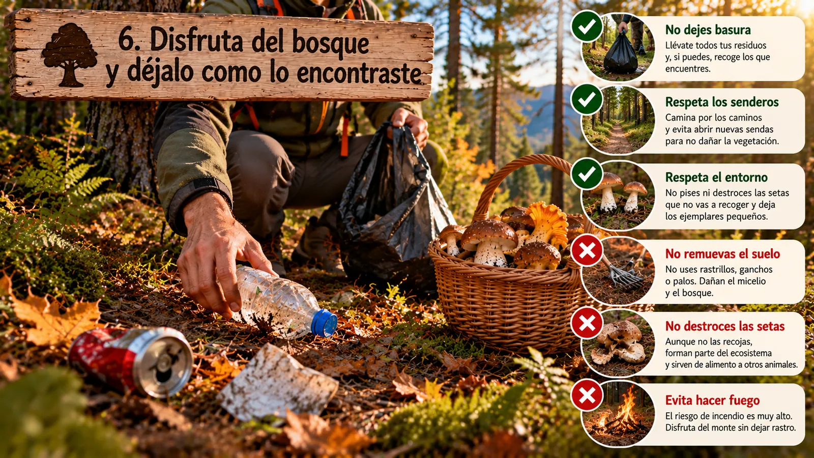 Recolector recogiendo basura junto a una cesta de setas, con normas de respeto al bosque: no dejar basura, respetar senderos, no remover el suelo ni hacer fuego