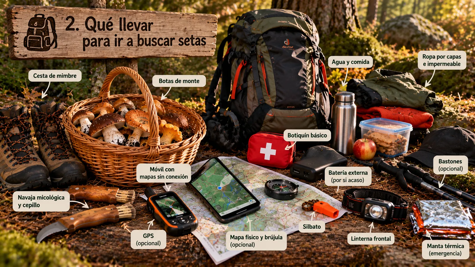 Equipo para ir a buscar setas: mochila, botas, cesta de mimbre, navaja micológica, botiquín, linterna frontal, silbato, batería externa y mapa