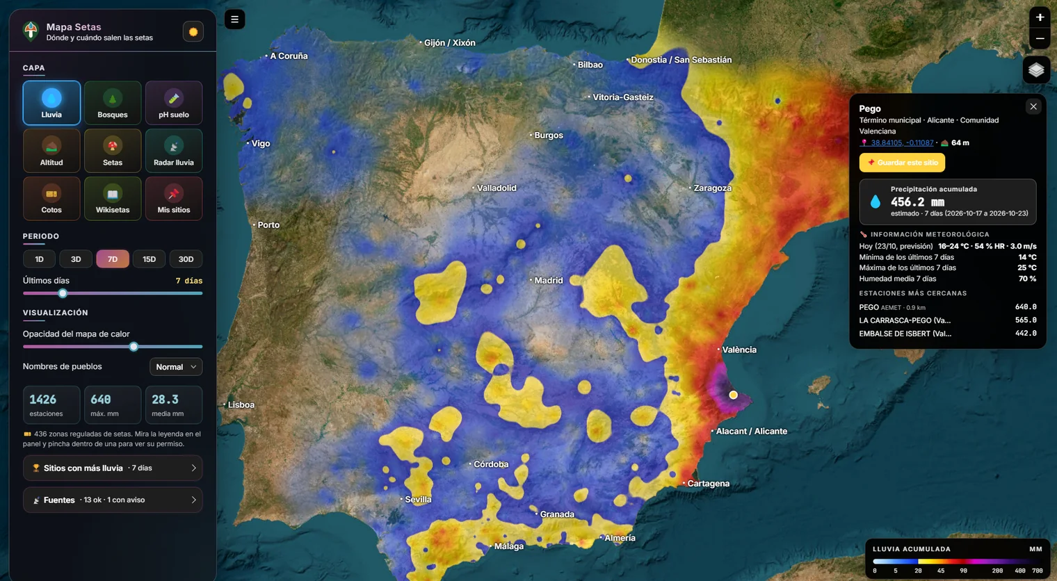 Mapa de lluvia acumulada de la península con el menú de periodo y la ficha de Pego (Alicante), con 456 mm en 7 días