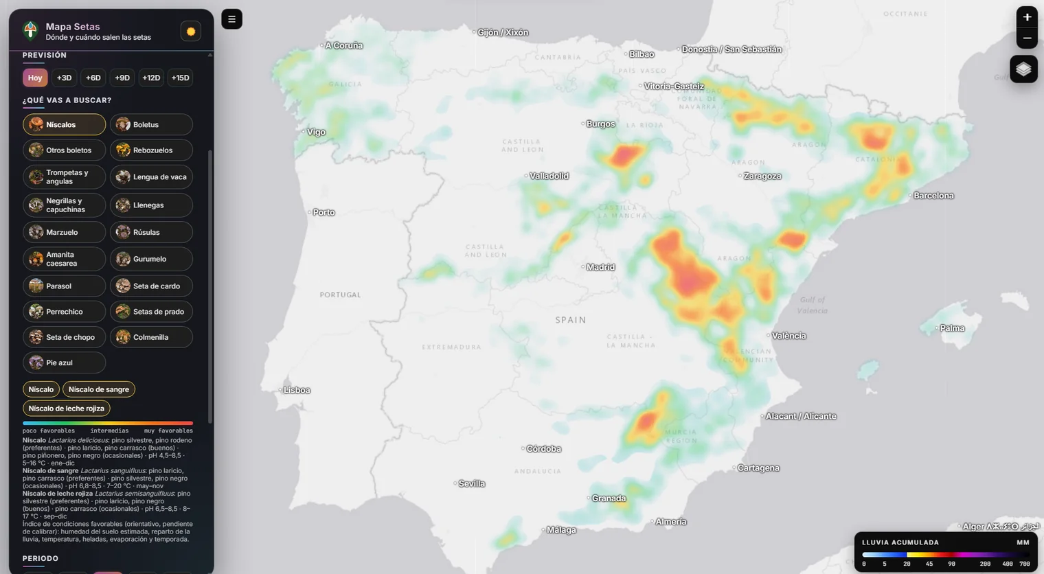 Mapa de probabilidad de níscalo con el menú para elegir especie y la previsión a varios días