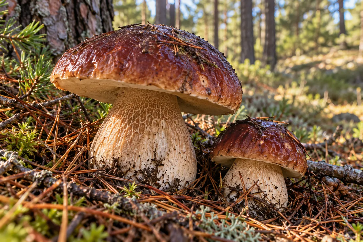 Dos boletus pinophilus de sombrero pardo rojizo bajo pino silvestre