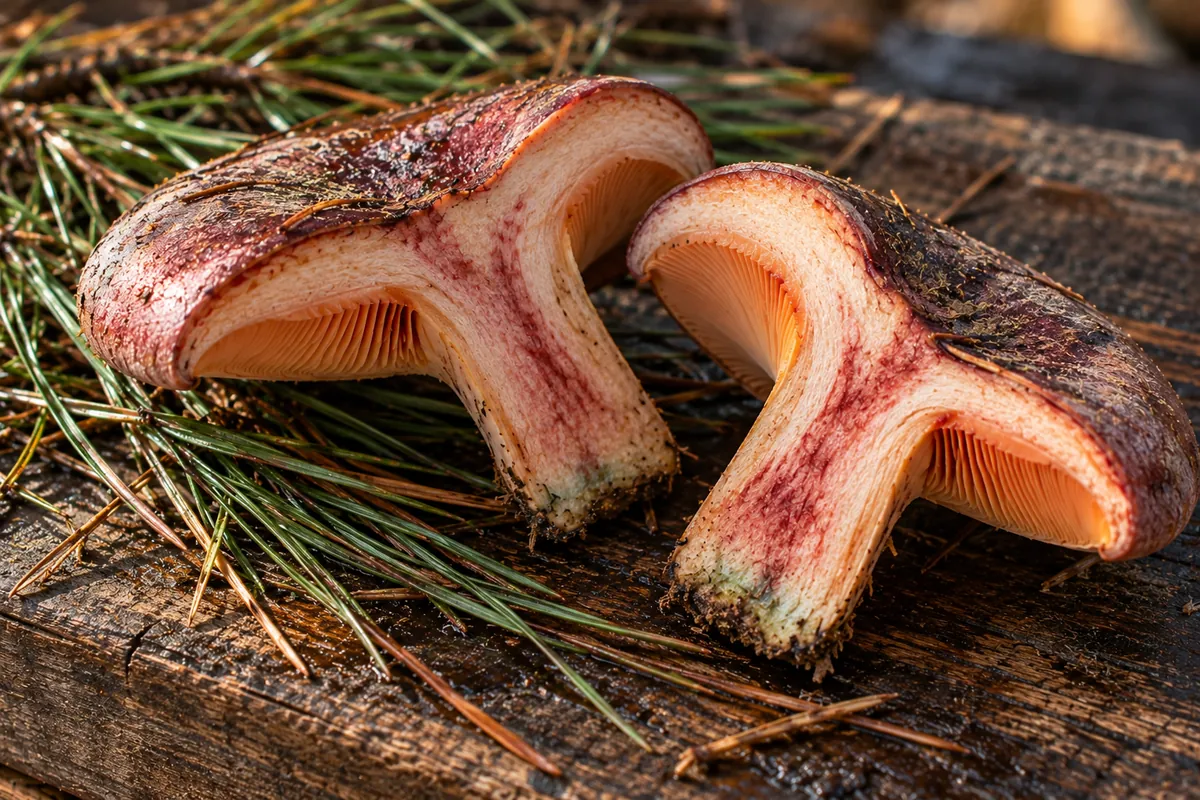 Dos níscalos de sangre cortados por la mitad, con la carne vinosa y las láminas anaranjadas