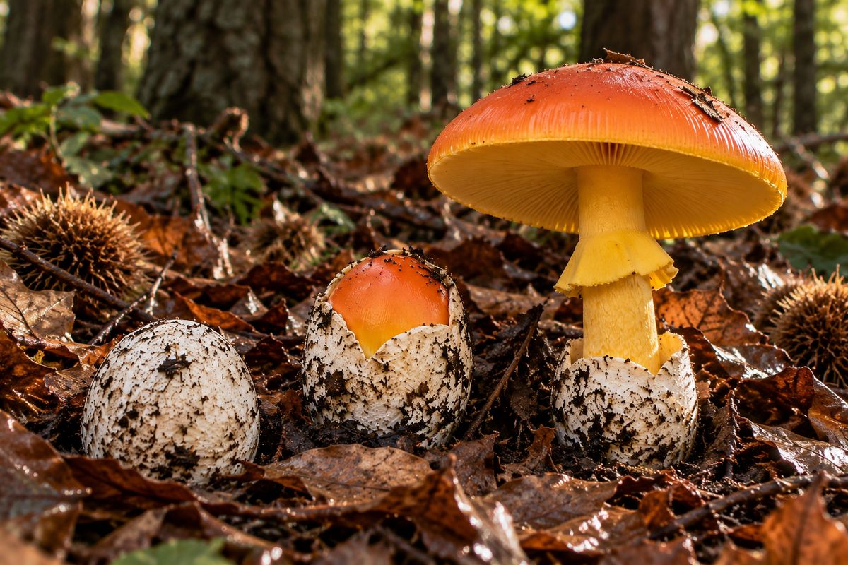 Amanita caesarea (oronja, amanita de los césares), ilustración en su hábitat: castañares, robledales, encinares
