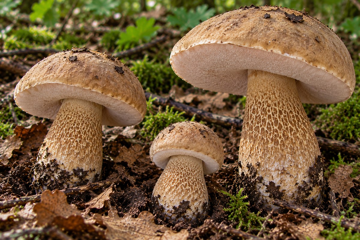 Boleto amargo (Tylopilus felleus), ilustración en su hábitat: pinares, bosques de frondosas en suelos ácidos