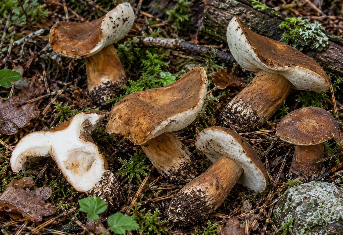 Boleto castaño (Gyroporus castaneus), ilustración en su hábitat: robledales, castañares, encinares