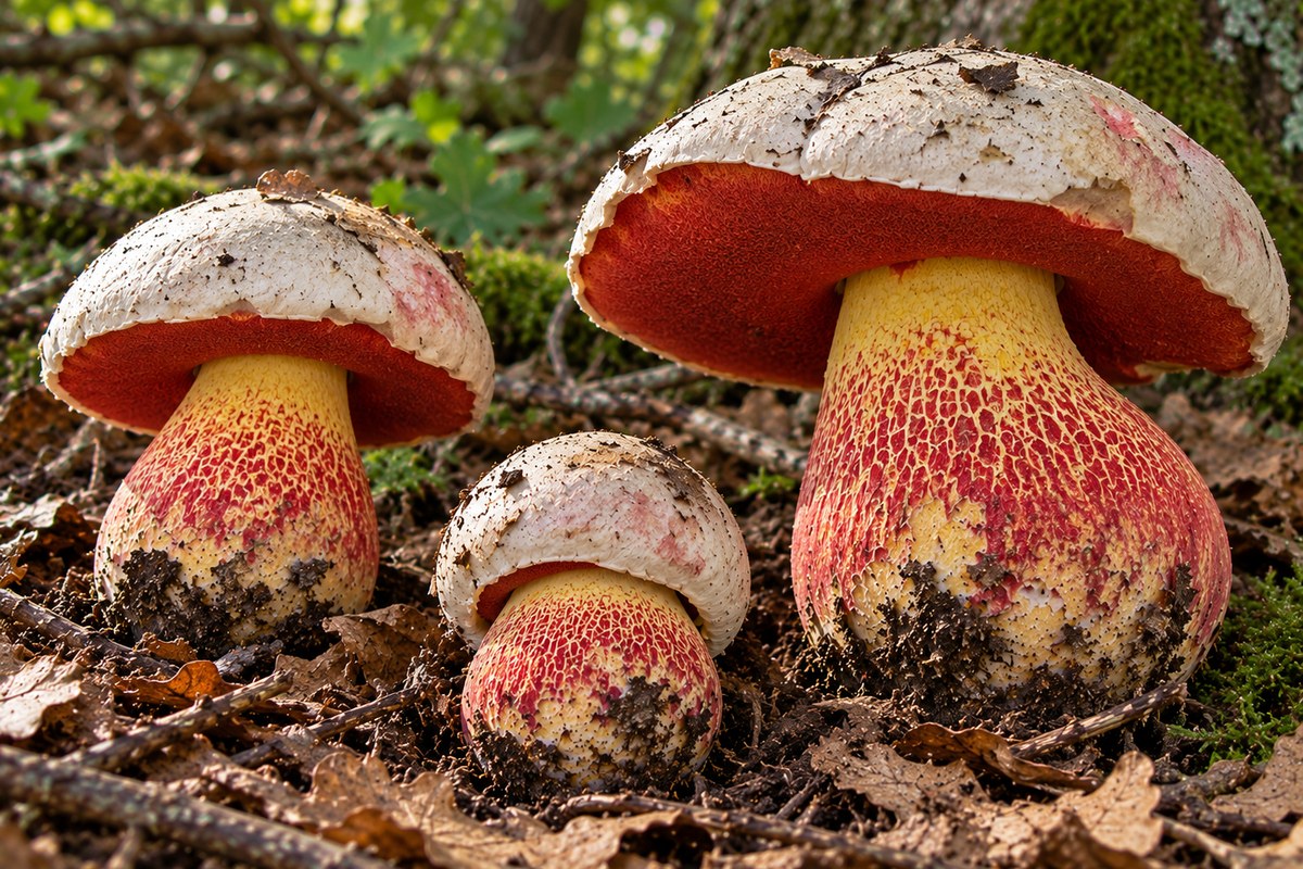 Boleto de Satanás (Rubroboletus satanas), ilustración en su hábitat: bosques de frondosas en suelos calizos