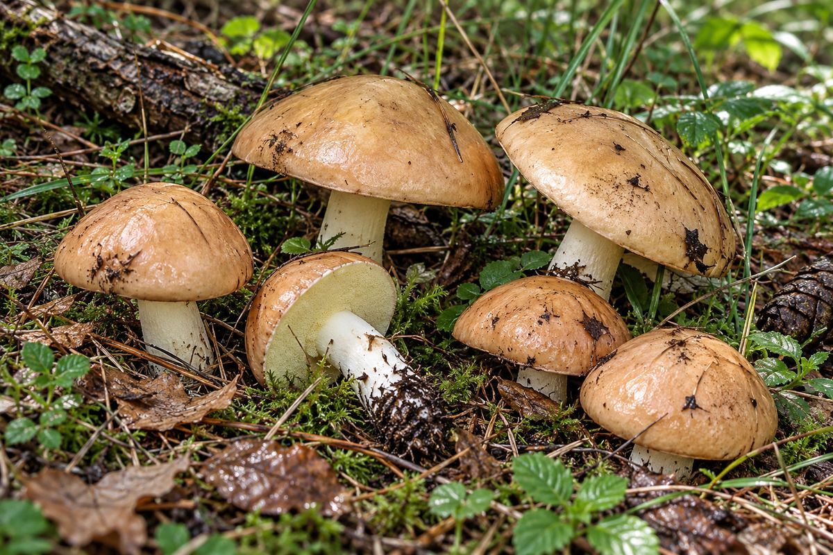 Boleto granulado (Suillus granulatus), ilustración en su hábitat: pinares, a menudo en suelos calizos o arenosos