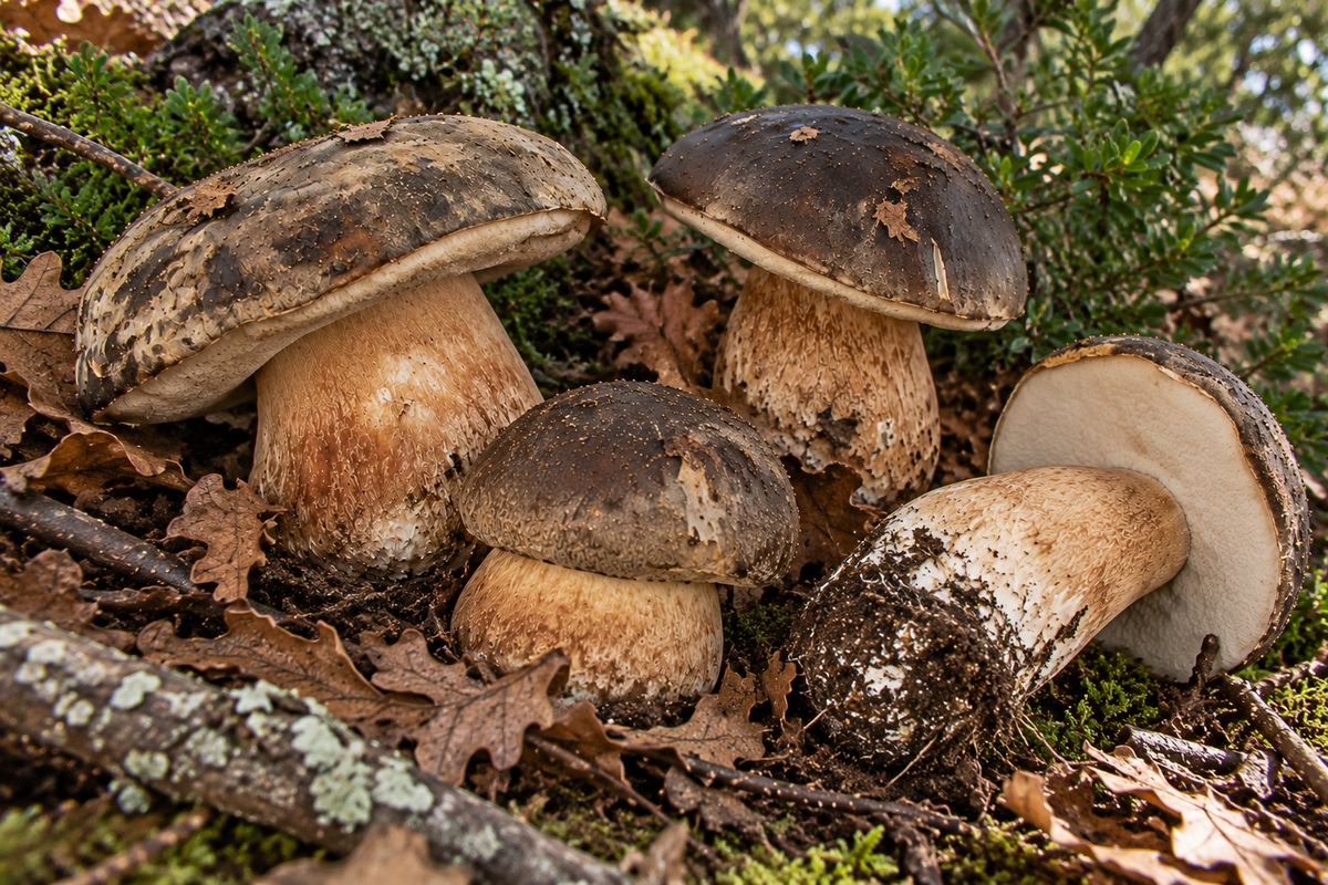Boletus aereus (boleto negro, hongo negro), ilustración en su hábitat: alcornocales, encinares, castañares