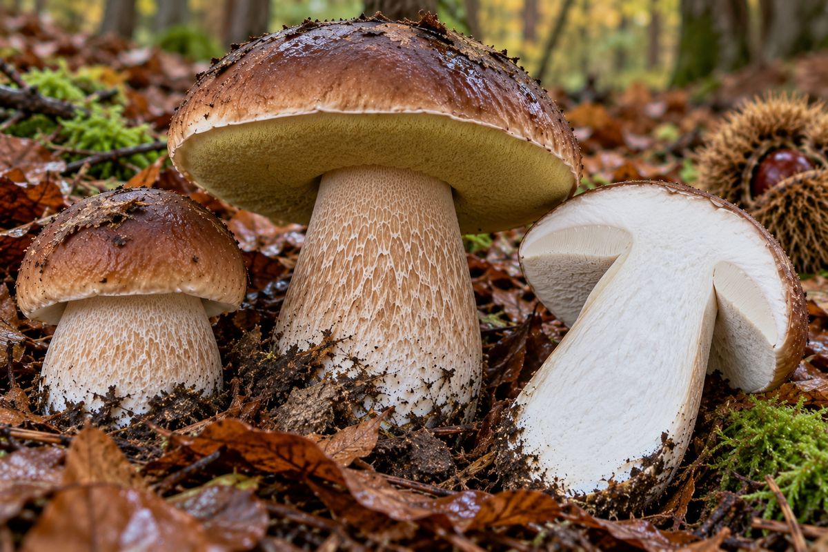 Boletus edulis (boleto, hongo), ilustración en su hábitat: hayedos, castañares, robledales, pinares de montaña
