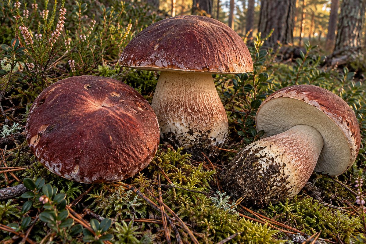 Boletus pinophilus (boleto de pino, hongo pinícola), ilustración en su hábitat: pinares de montaña