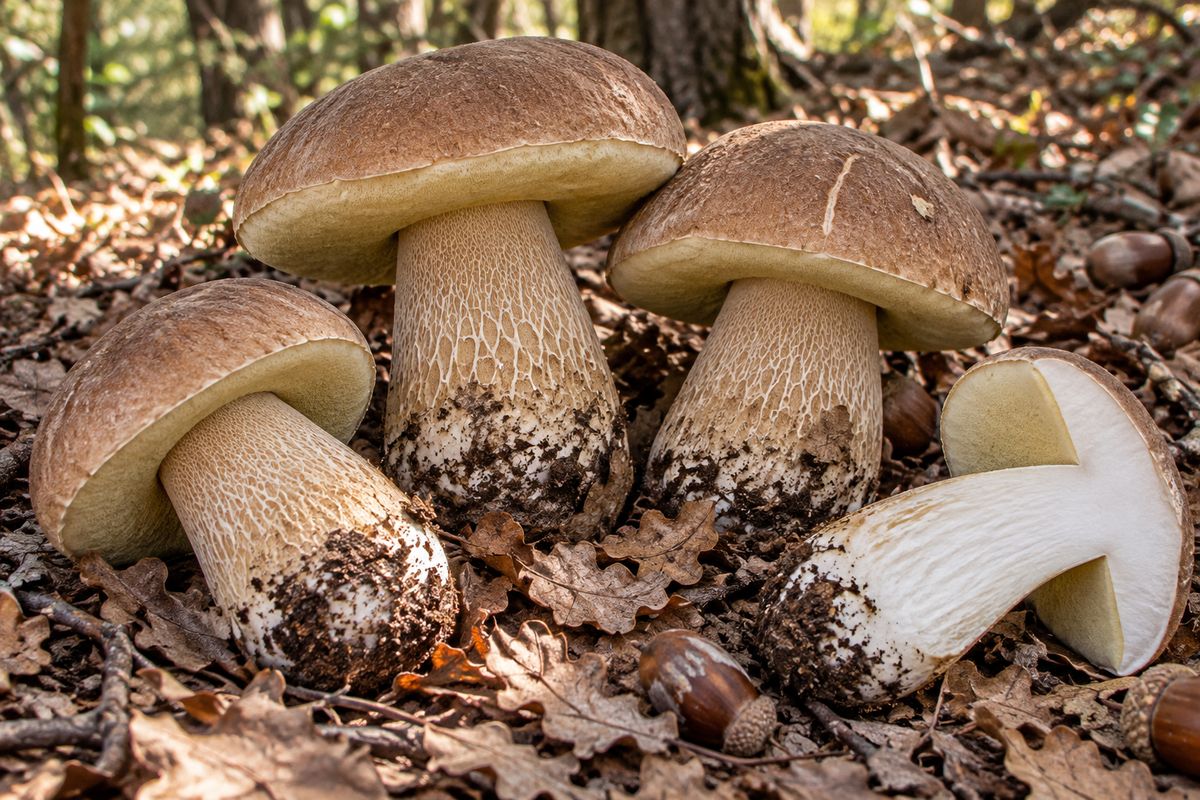 Boletus de verano (Boletus reticulatus), ilustración en su hábitat: robledales, castañares, hayedos, encinares