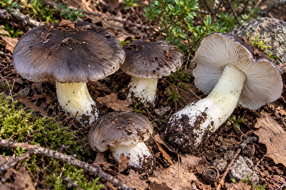 Capuchina (Tricholoma portentosum), ilustración en su hábitat: pinares, bosques mixtos, en suelos arenosos