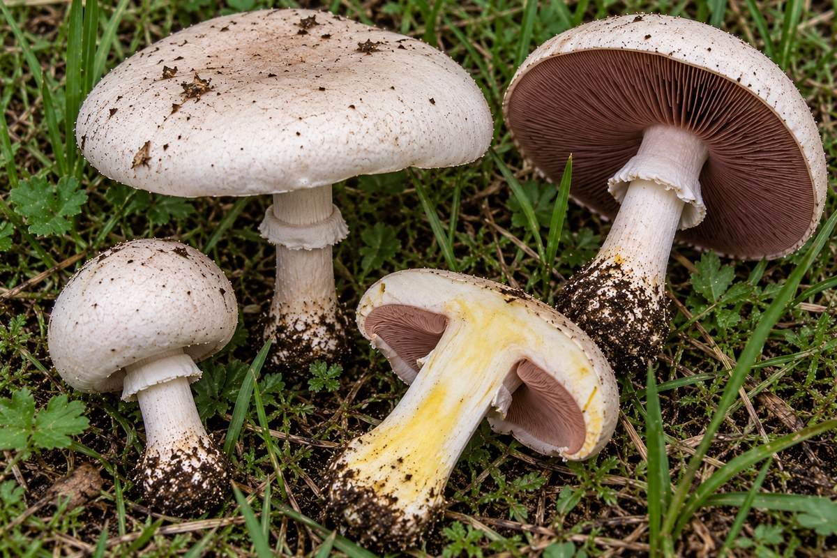 Champiñón amarillento (Agaricus xanthodermus), ilustración en su hábitat: parques, jardines, bordes de caminos
