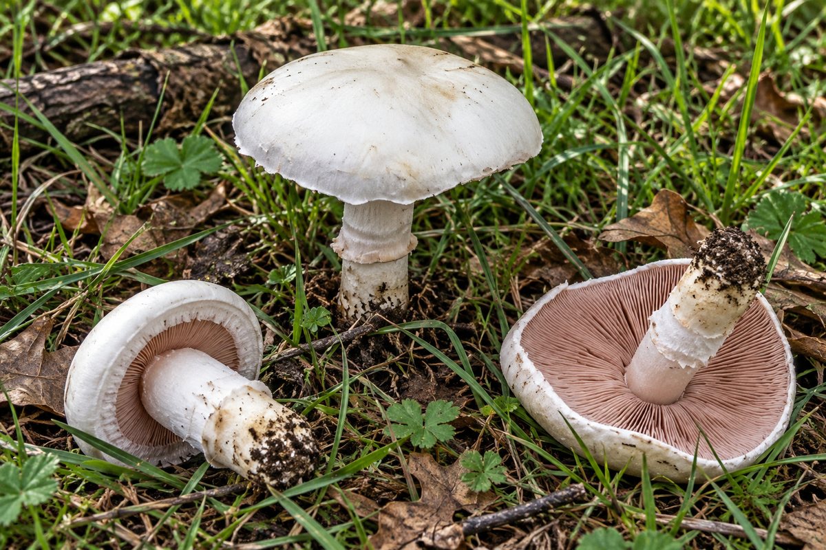 Champiñón silvestre (Agaricus campestris), ilustración en su hábitat: prados, pastos abonados por el ganado