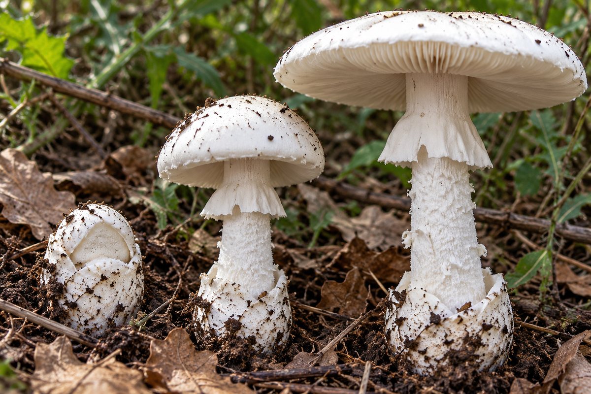 Cicuta blanca (Amanita verna), ilustración en su hábitat: encinares, alcornocales, jarales: el mismo hábitat que el gurumelo