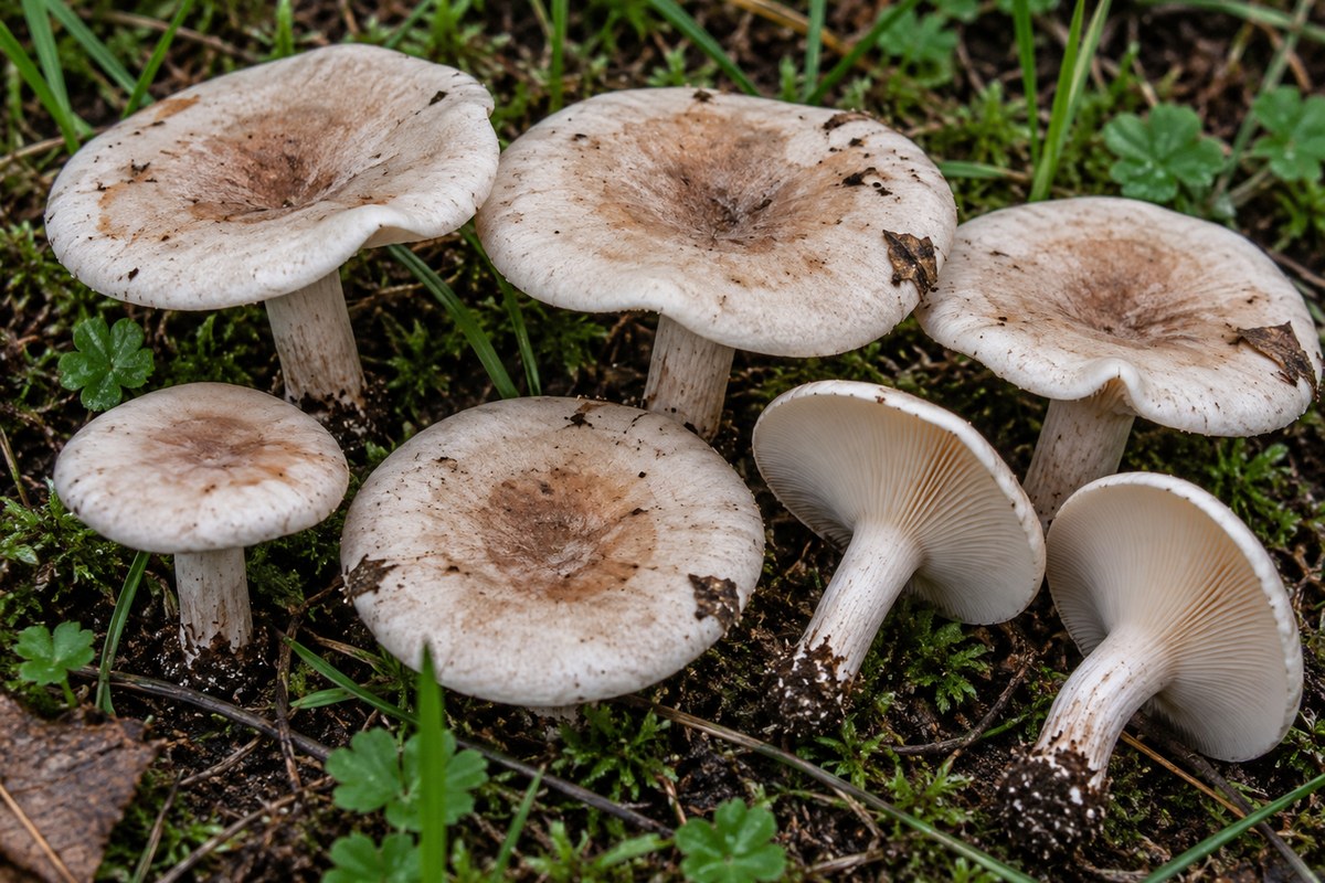 Clitocibe blanco (Clitocybe rivulosa), ilustración en su hábitat: prados, céspedes, pastos, parques