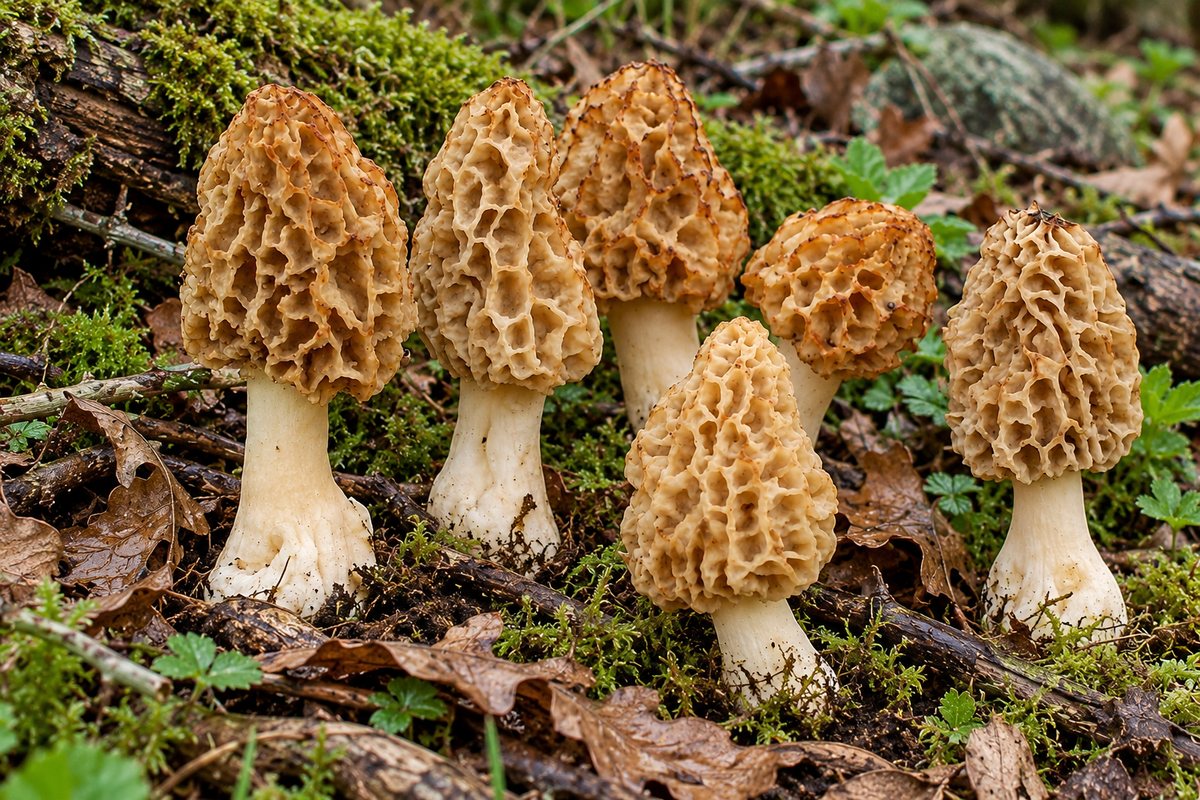 Colmenilla (Morchella esculenta), ilustración en su hábitat: riberas con fresnos, olmos, chopos, huertas