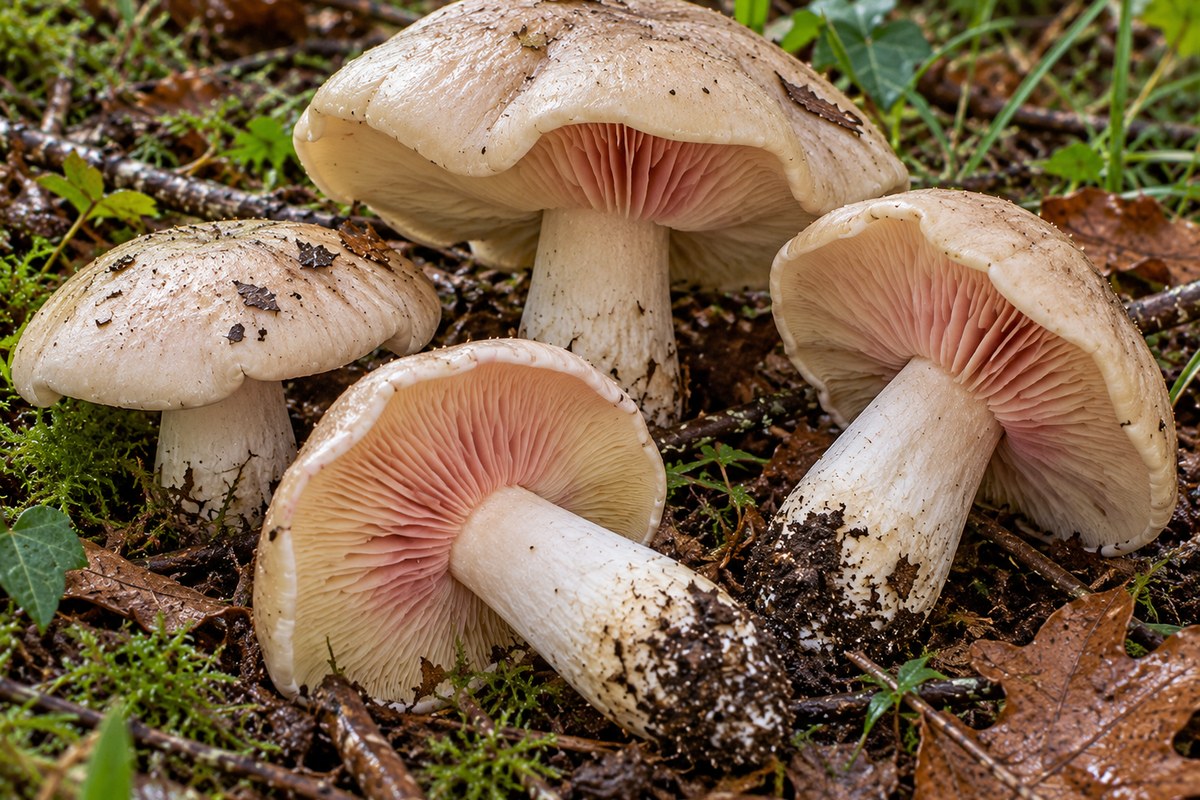Engañosa (Entoloma sinuatum), ilustración en su hábitat: robledales, hayedos, bosques mixtos