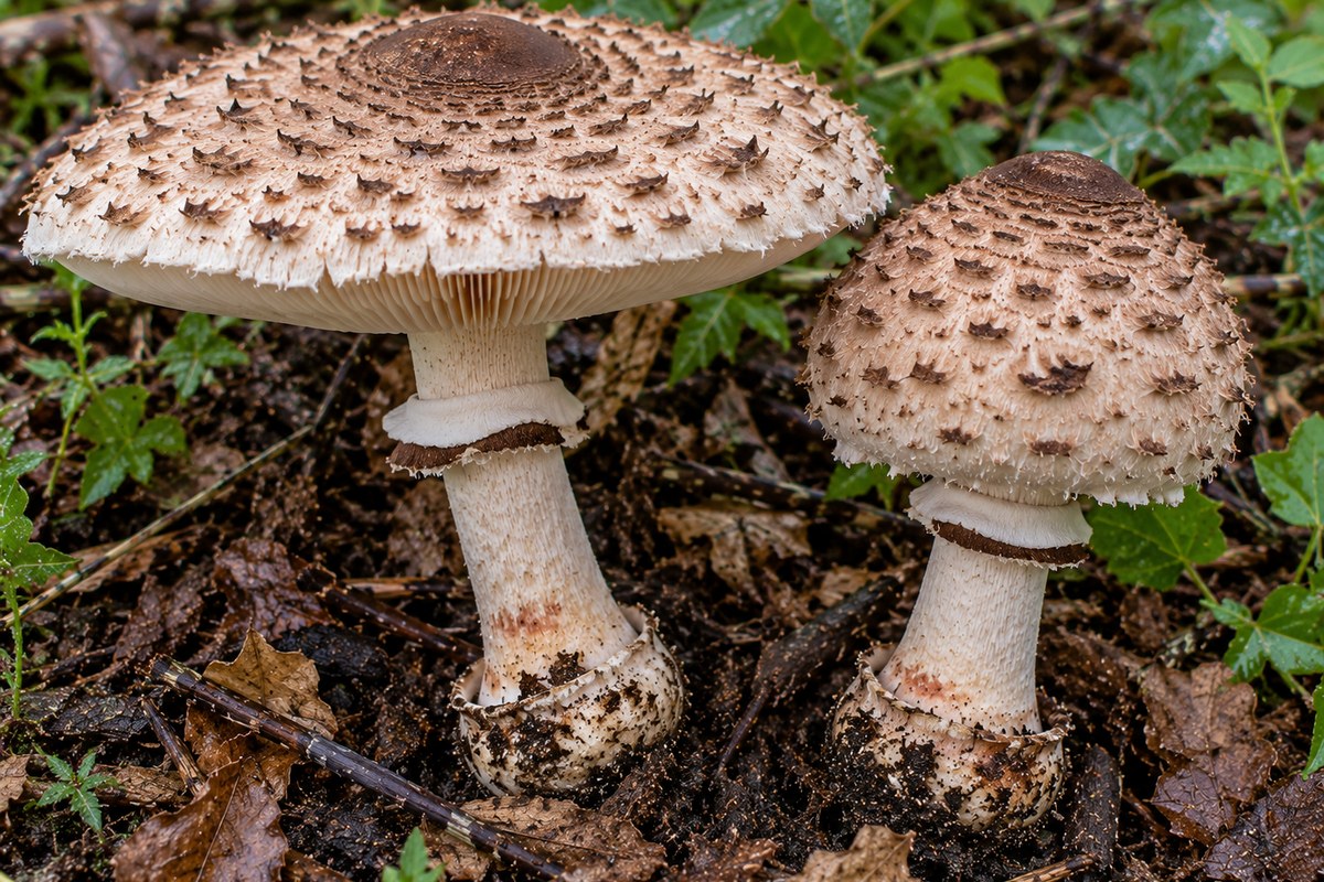 Falso parasol (Chlorophyllum brunneum), ilustración en su hábitat: jardines, compost, parques, bordes de caminos