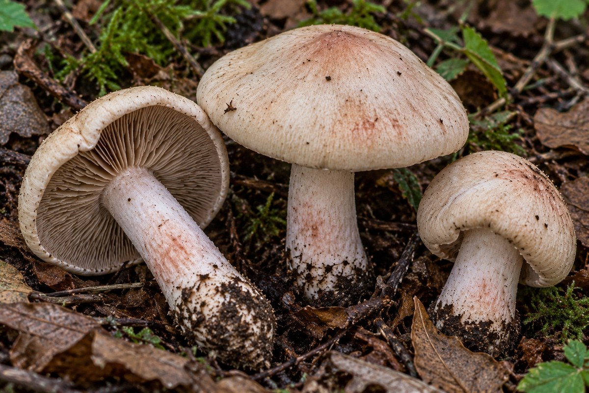 Falso perrechico (Inocybe erubescens), ilustración en su hábitat: bosques de hoja caduca, parques, bordes de caminos