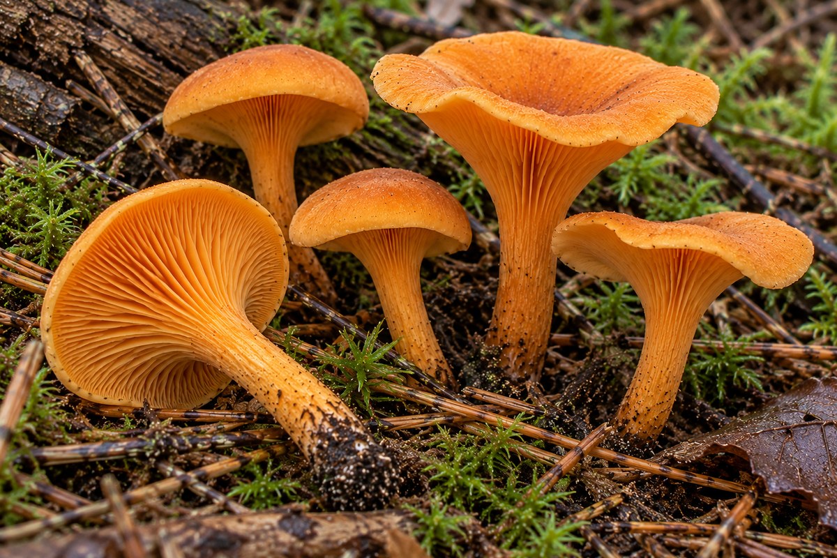 Falso rebozuelo (Hygrophoropsis aurantiaca), ilustración en su hábitat: pinares