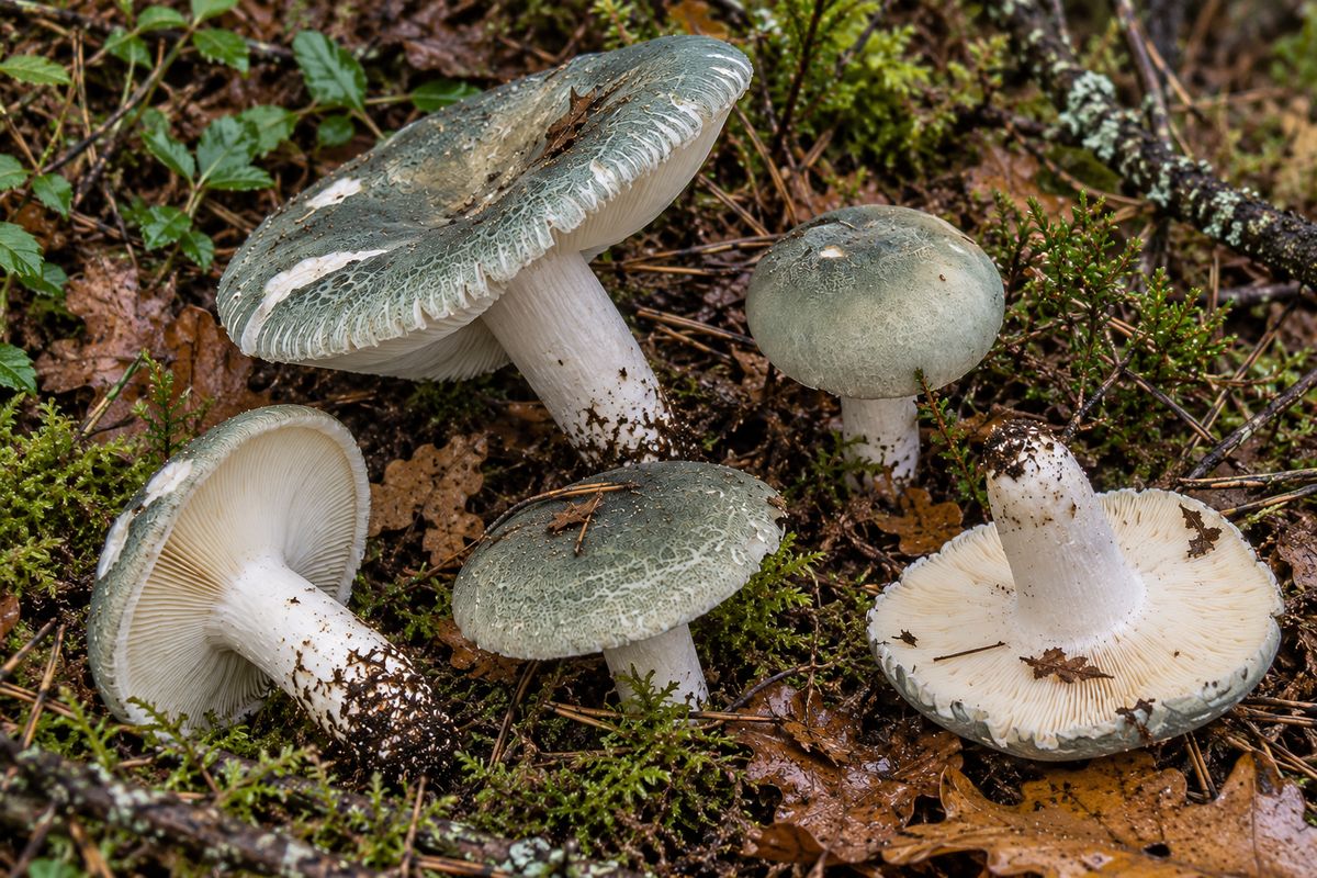 Gorro verde (Russula virescens), ilustración en su hábitat: robledales, castañares, hayedos, en suelos ácidos