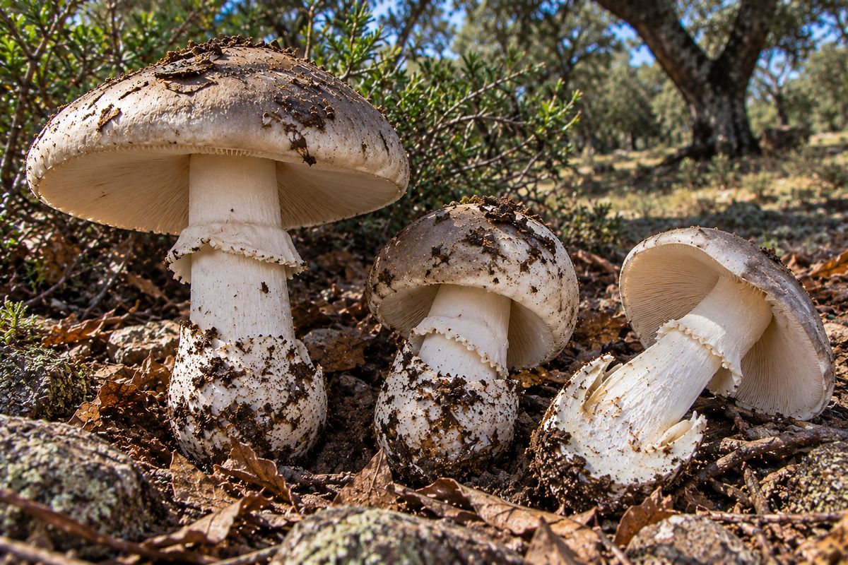 Gurumelo (Amanita ponderosa), ilustración en su hábitat: jarales de jara pringosa, encinares