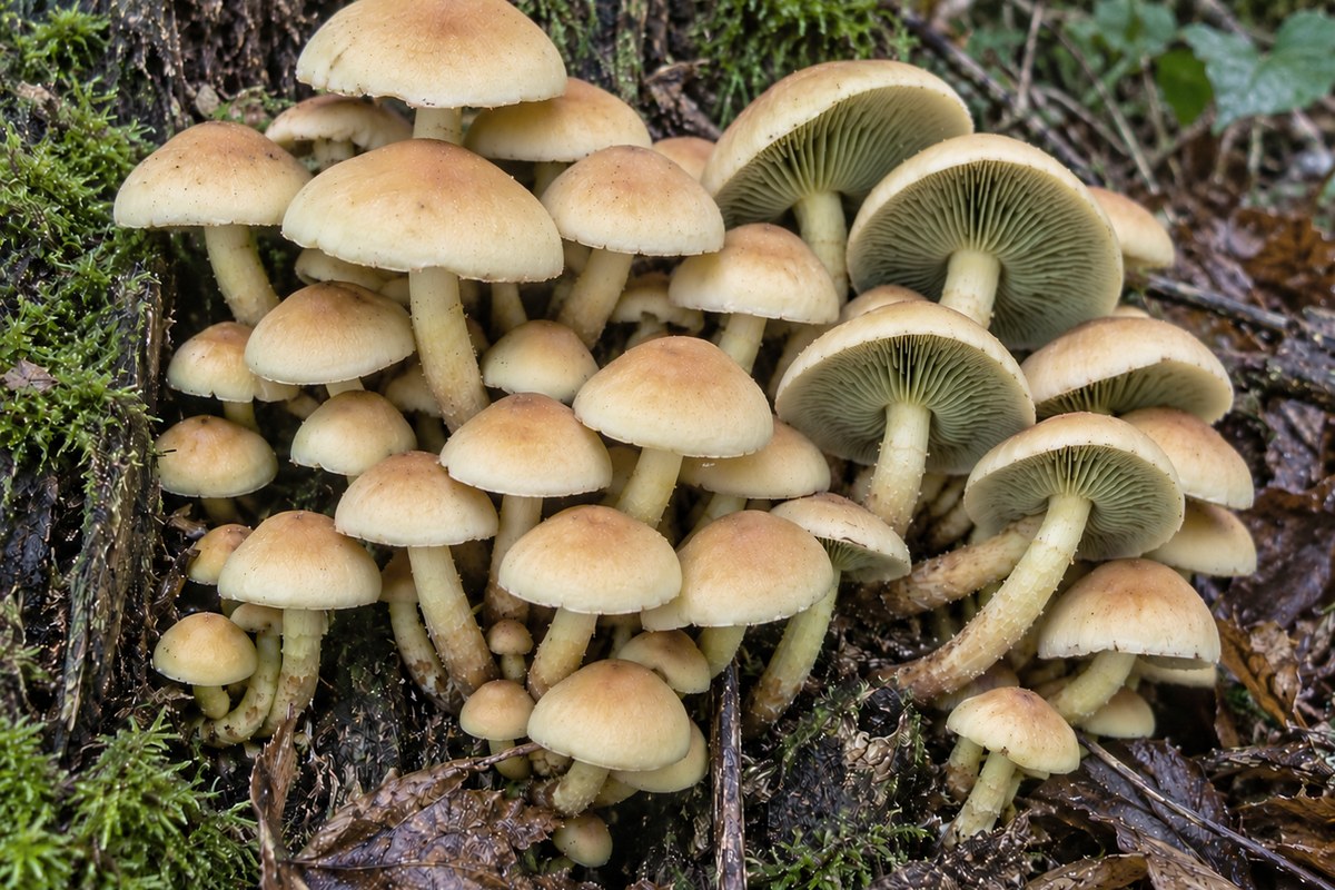 Hifoloma de láminas verdes (Hypholoma fasciculare), ilustración en su hábitat: tocones, madera muerta de árboles de todo tipo