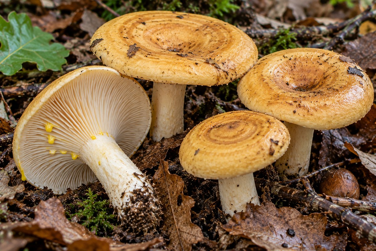 Lactario de látex amarillo (Lactarius chrysorrheus), ilustración en su hábitat: robledales, encinares, castañares