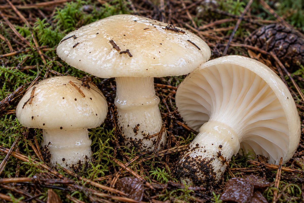Llenega blanca (Hygrophorus gliocyclus), ilustración en su hábitat: pinares de pino silvestre, pino negro de montaña