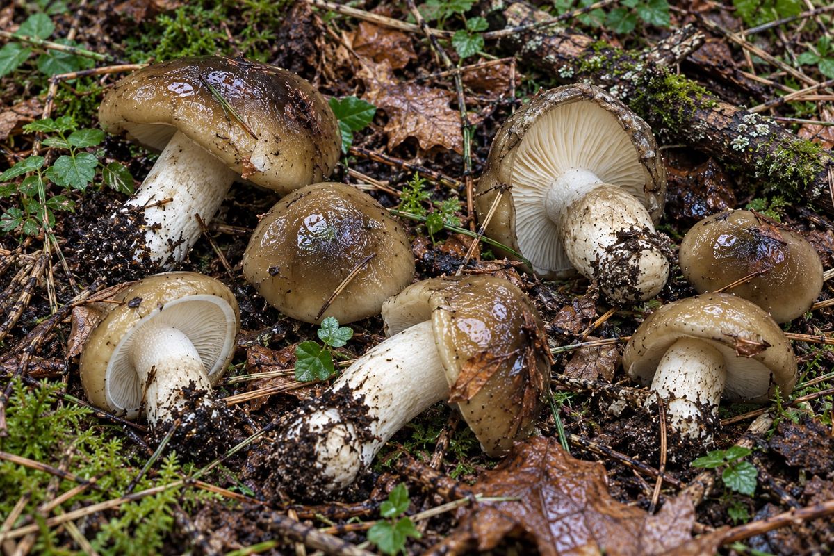 Llenega negra (Hygrophorus latitabundus), ilustración en su hábitat: pinares, con preferencia por suelos calizos