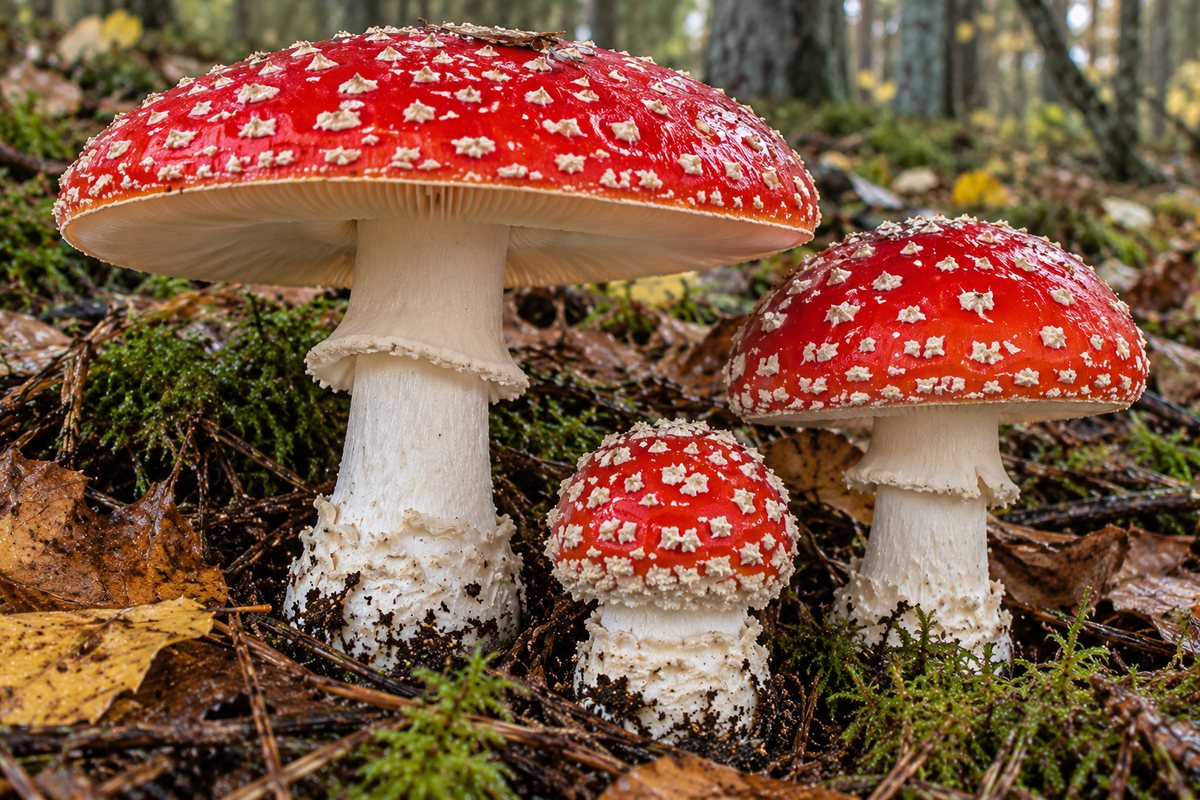 Matamoscas (Amanita muscaria), ilustración en su hábitat: pinares, abedulares, hayedos de montaña