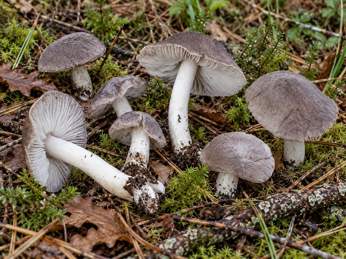 Negrilla (Tricholoma terreum), ilustración en su hábitat: pinares sobre suelos arenosos o calizos