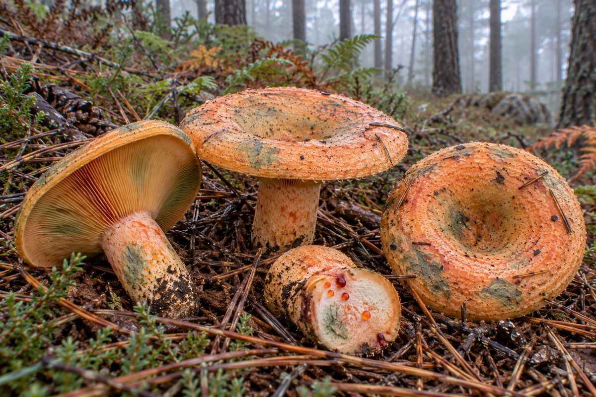 Níscalo de leche rojiza (Lactarius semisanguifluus), ilustración en su hábitat: pinares, sobre todo de pino silvestre