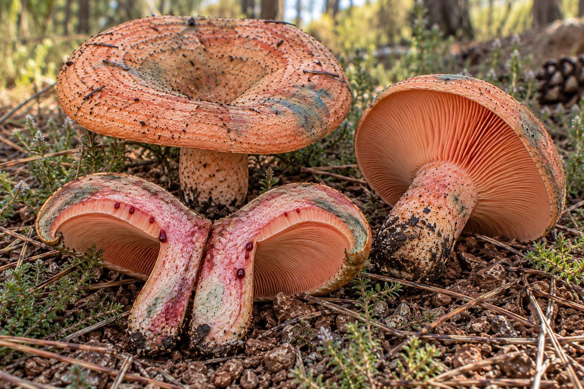 Níscalo de sangre (Lactarius sanguifluus), ilustración en su hábitat: pinares mediterráneos, sobre todo de pino carrasco