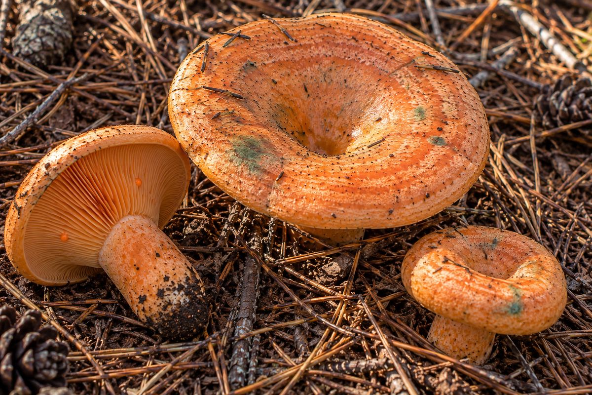 Níscalo (Lactarius deliciosus), ilustración en su hábitat: pinares sobre acículas, musgo