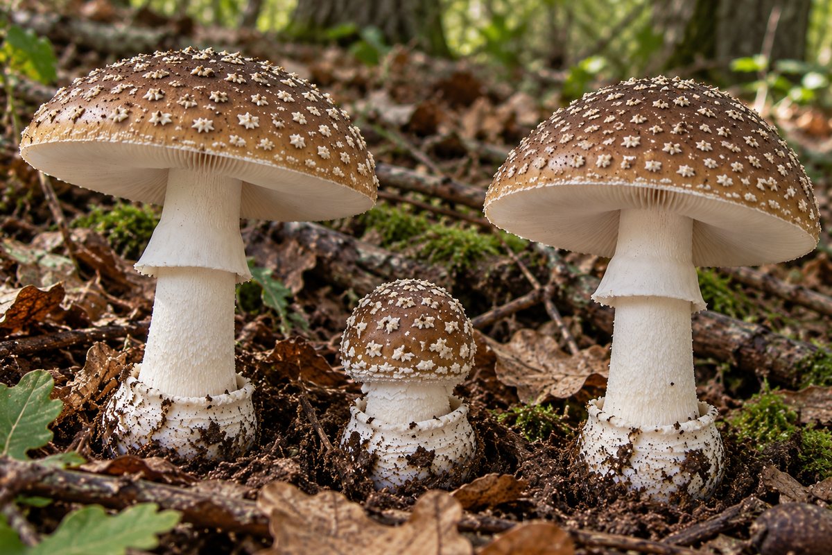 Pantera (Amanita pantherina), ilustración en su hábitat: bosques de frondosas, coníferas