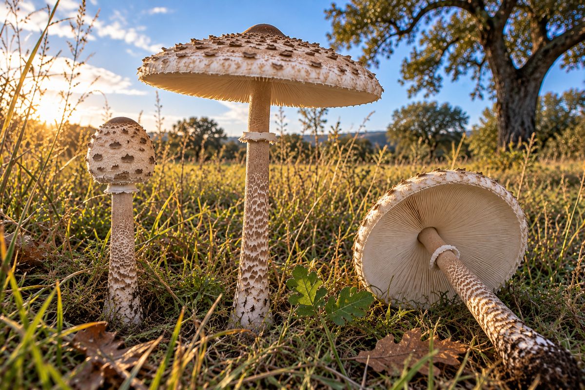 Parasol (Macrolepiota procera), ilustración en su hábitat: claros de bosque, bordes de caminos, praderas, dehesas