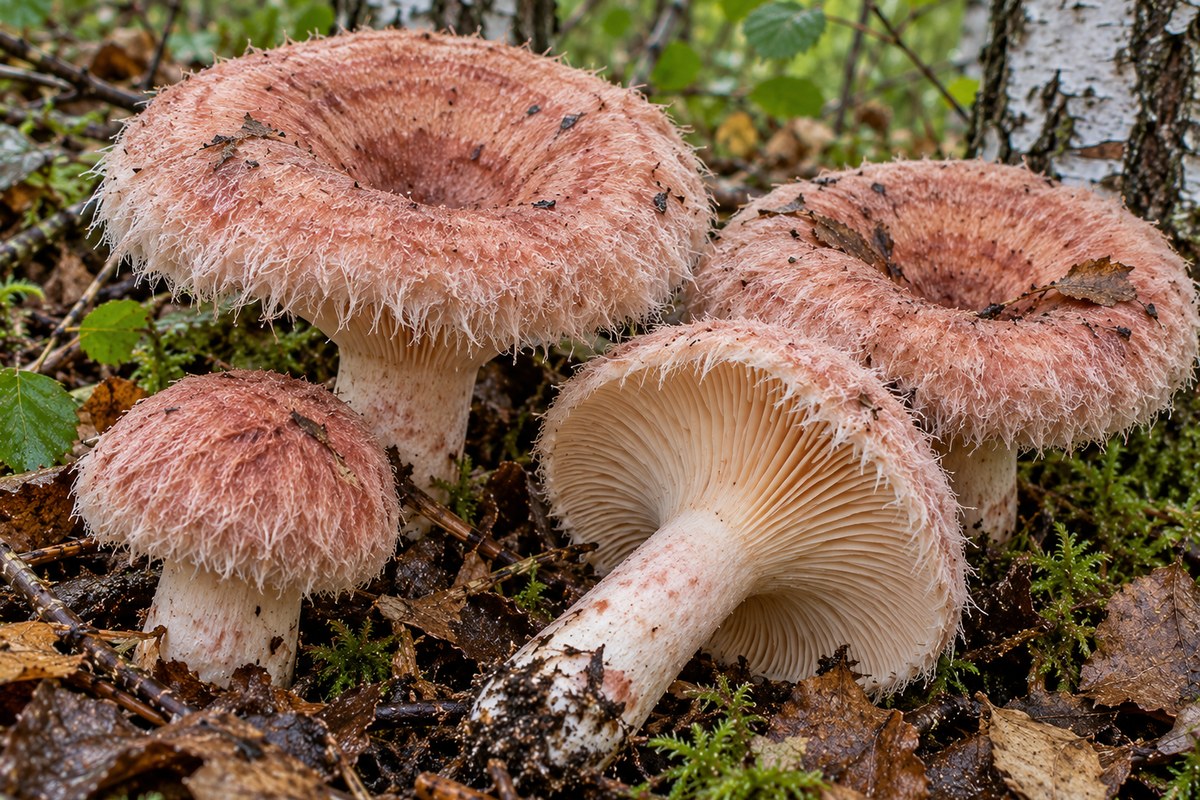 Pelosa (Lactarius torminosus), ilustración en su hábitat: abedulares