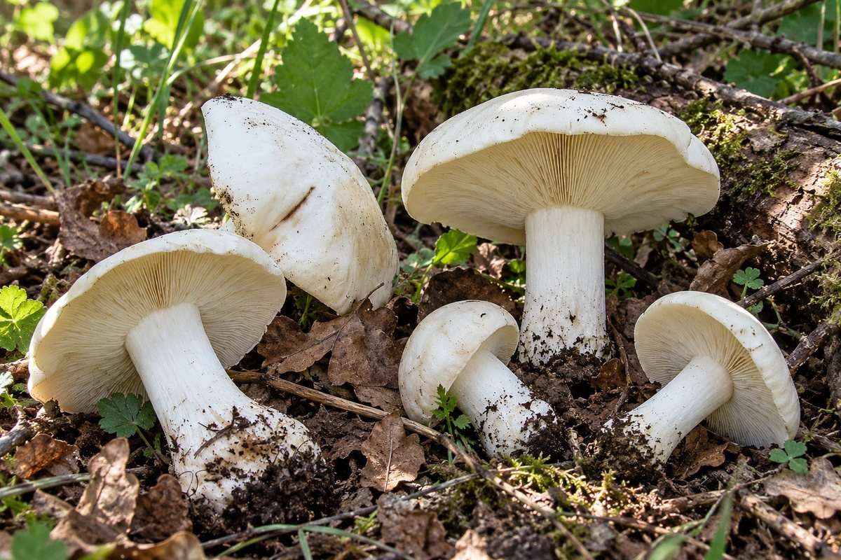 Perrechico (Calocybe gambosa), ilustración en su hábitat: prados, linderos de bosque, setos de espino