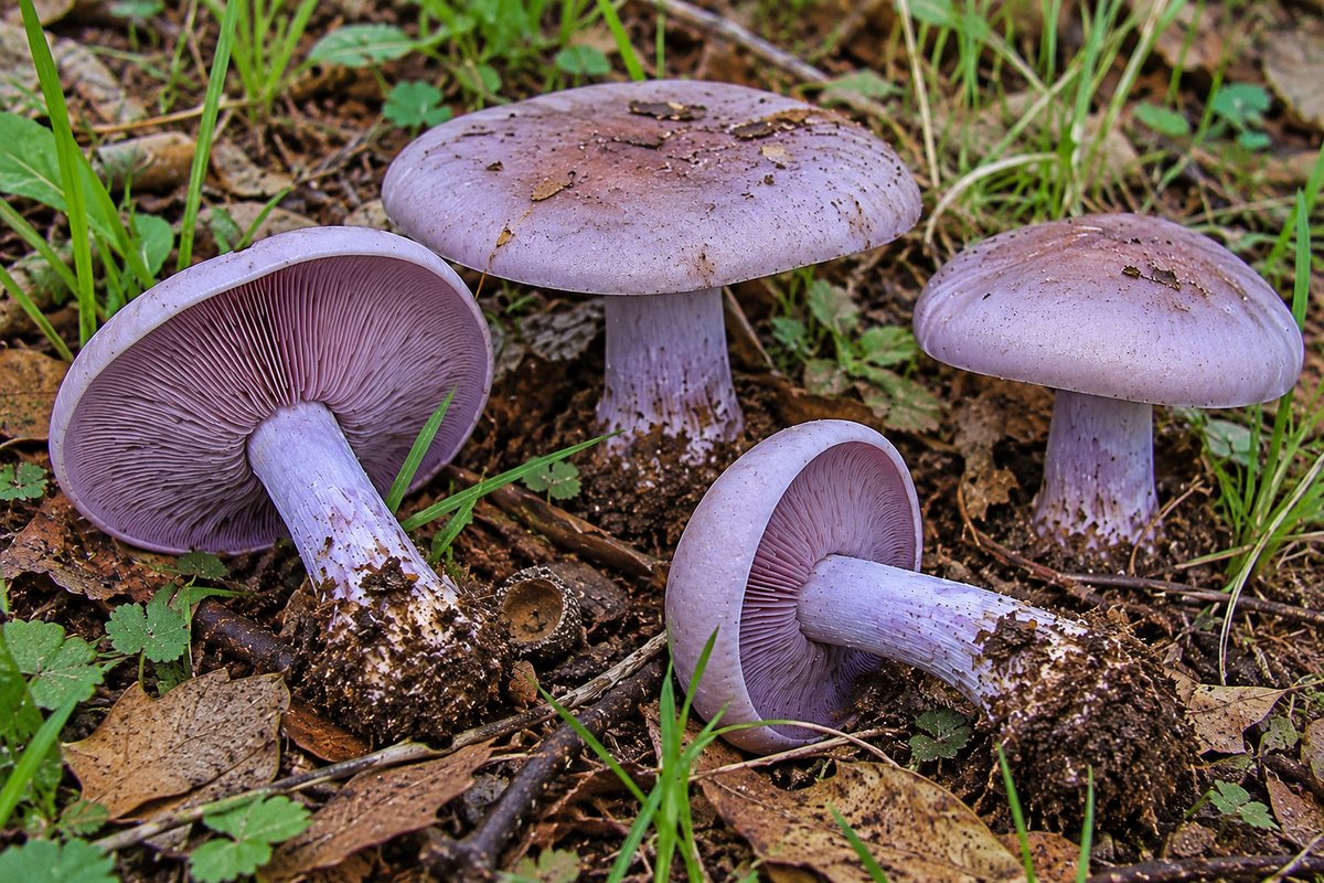 Pie azul (Lepista nuda), ilustración en su hábitat: bosques de todo tipo con mucha hojarasca, setos, jardines