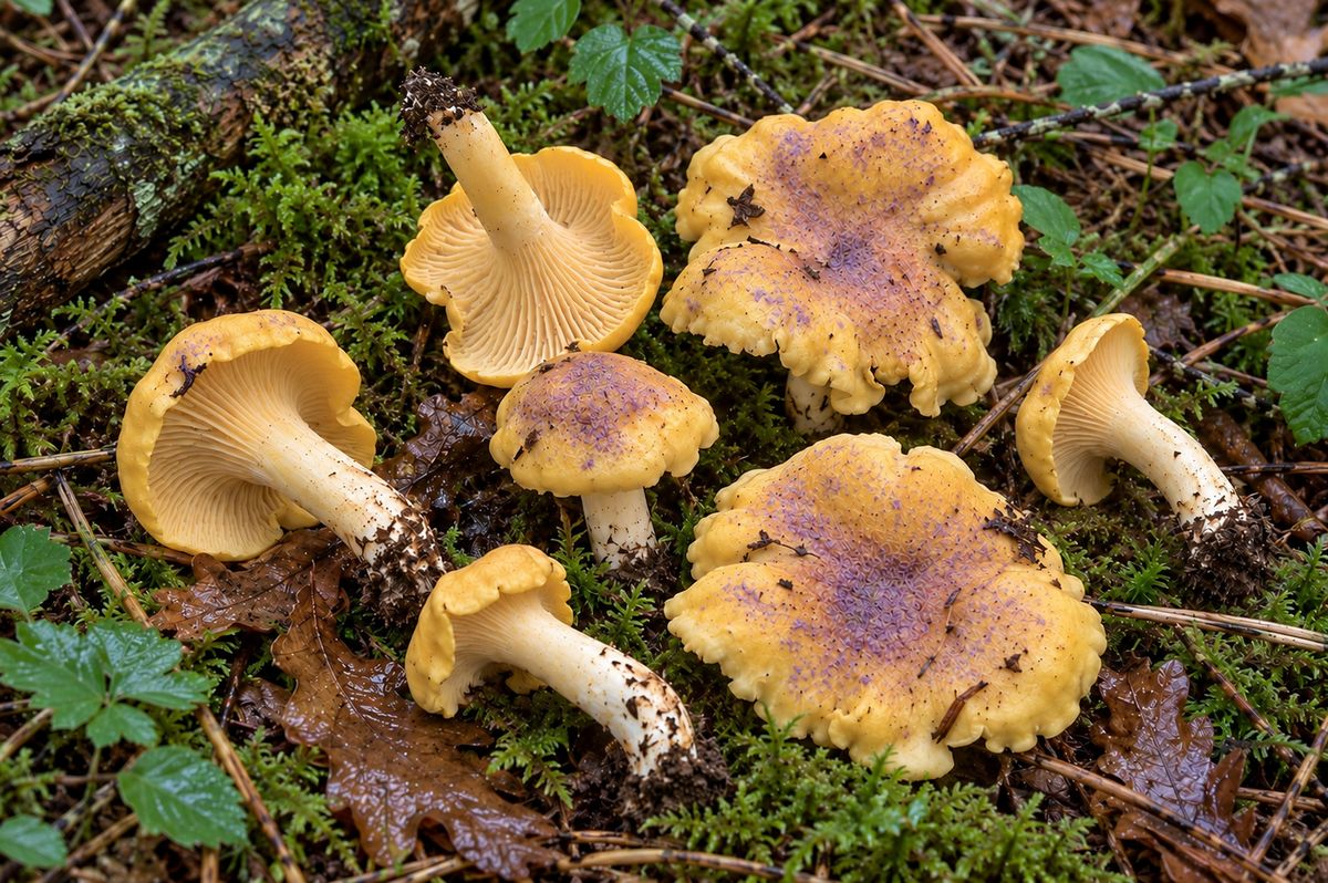 Rebozuelo amatista (Cantharellus amethysteus), ilustración en su hábitat: hayedos, bosques mixtos de montaña