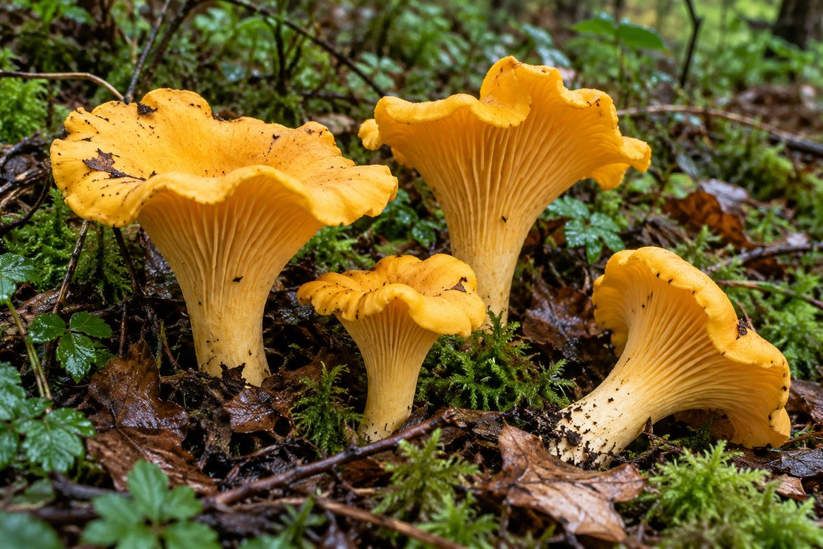 Rebozuelo (Cantharellus cibarius), ilustración en su hábitat: hayedos, robledales, castañares, pinares, entre musgo