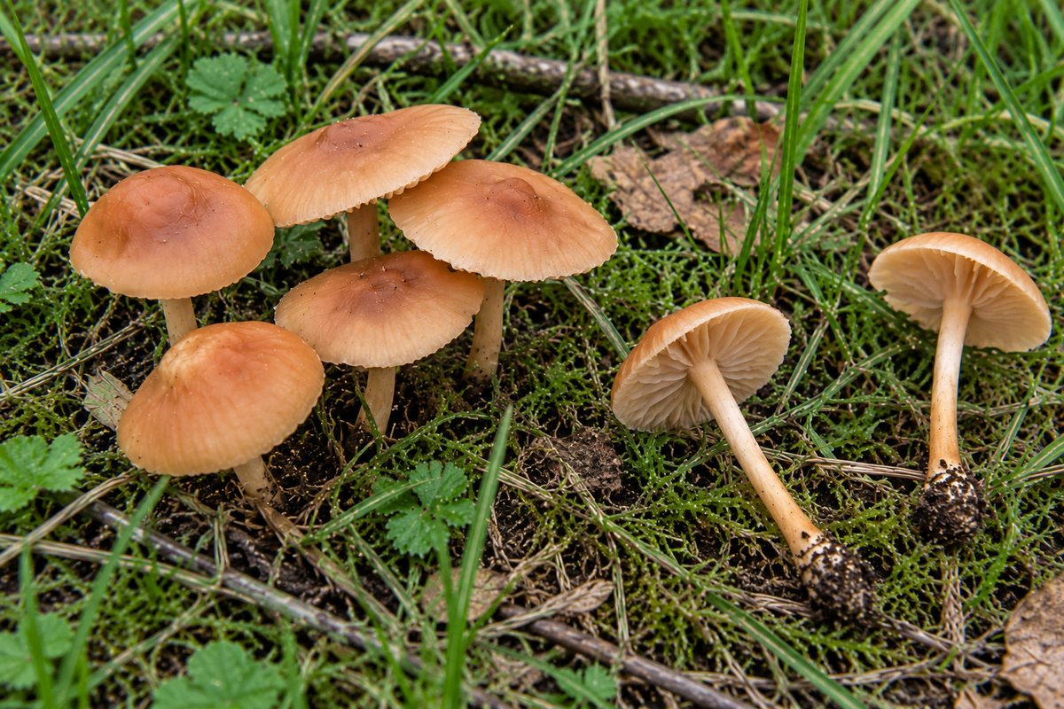 Senderuela (Marasmius oreades), ilustración en su hábitat: prados, pastizales, céspedes, bordes de caminos